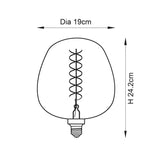 Dimension diagram of the Endon 4W E27 LED filament helix bulb showing 19cm diameter and 24.2cm height with a spiral filament and screw cap.