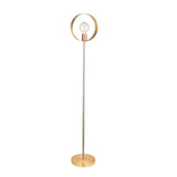 Brenmere Floor Lamp with round open hoop head, exposed bulb, slim brass stem and base, in brushed brass, copper and nickel finish.