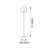 Line drawing of the Brenmere floor lamp showing an open hoop head with central bulb, slim stem and round base, height 148cm, base diameter 25cm.