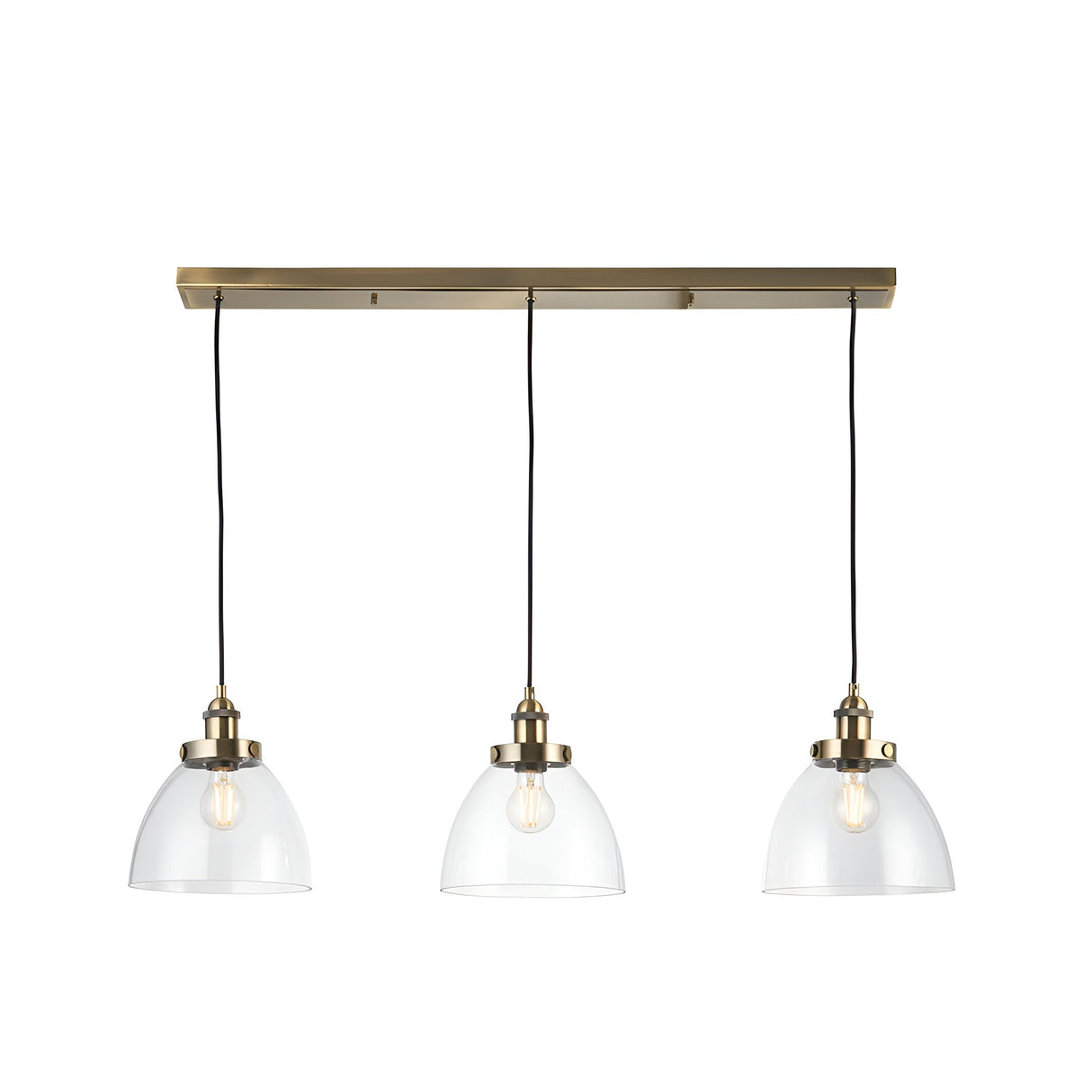 Wentworth 3 Light Linear Pendant in antique brass, featuring three clear glass dome shades on black flex cords from a bar, shown on a white background.
