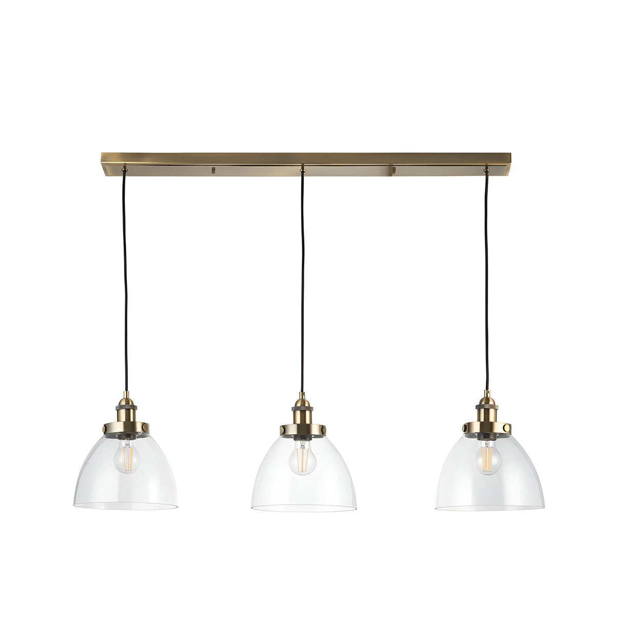 Wentworth 3 Light Linear Pendant in antique brass, with clear glass dome shades on black flex cords along a linear bar, shown on a white background.