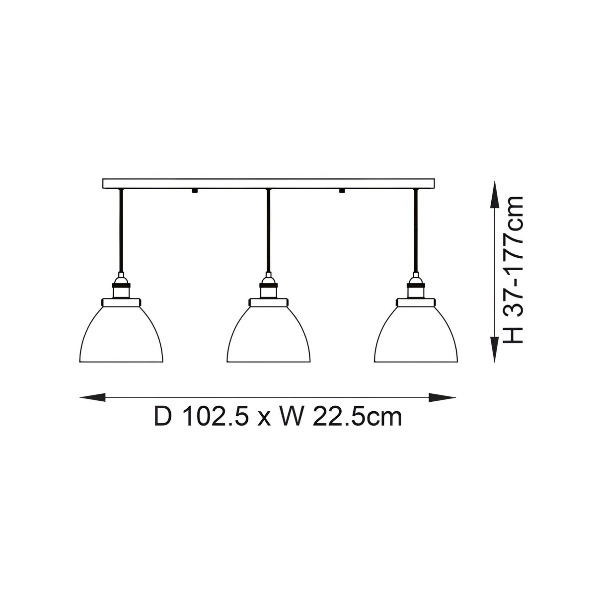 Line drawing of the Wentworth 3 Light Linear Pendant in antique brass, showing dome shades on a 102.5cm bar with adjustable flex, H37-177cm.