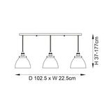 Line drawing of the Wentworth 3 Light Linear Pendant in antique brass, showing dome shades on a 102.5cm bar with adjustable flex, H37-177cm.