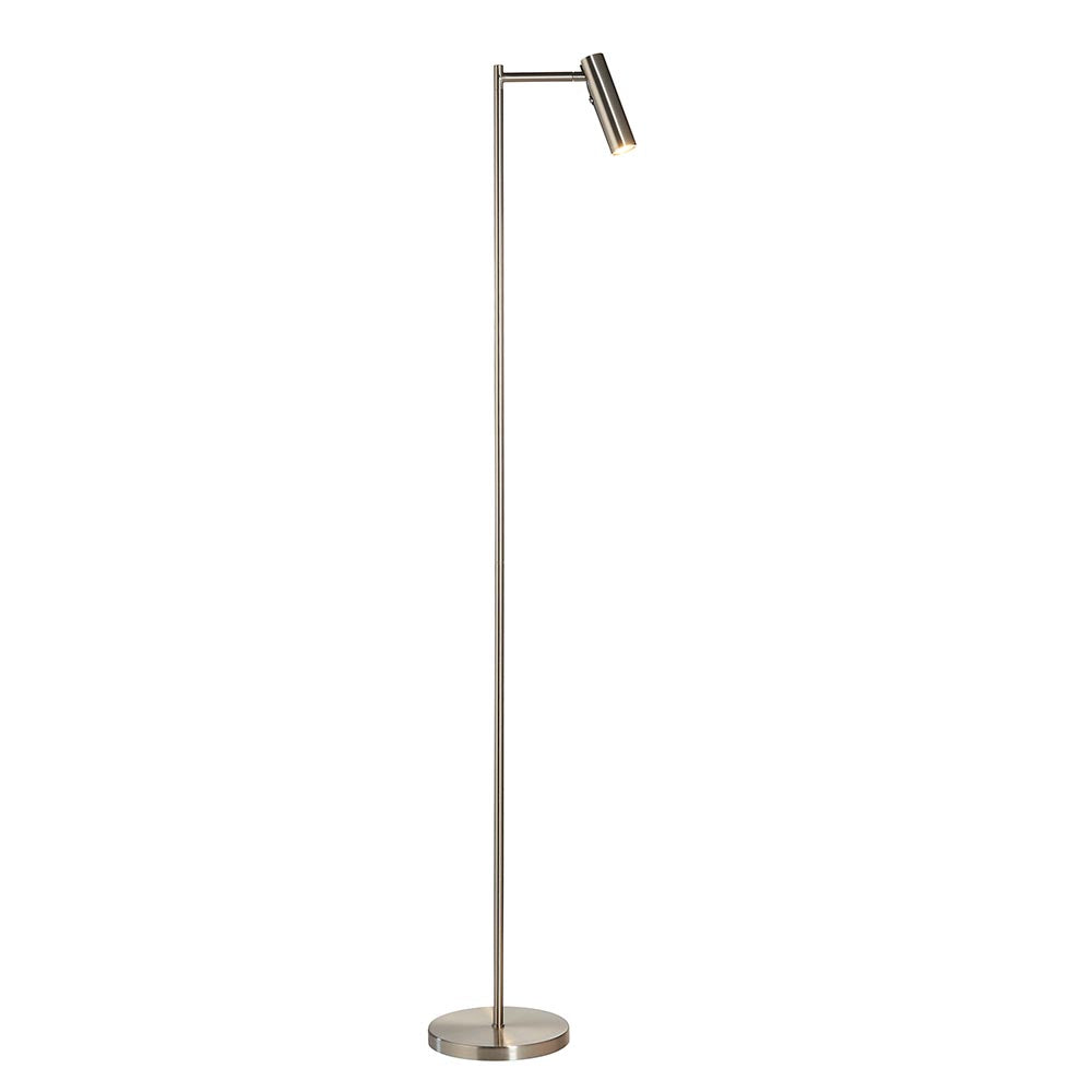 Endon Brackbourne floor lamp in satin nickel with an adjustable cylindrical reader head, slim stem and round base, shown on a plain white background.