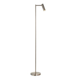 Endon Brackbourne floor lamp in satin nickel with an adjustable cylindrical reader head, slim stem and round base, shown on a plain white background.