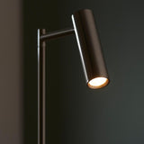 Endon Brackbourne floor lamp with an adjustable cylindrical satin nickel head illuminated warm white, shown against a dark background.