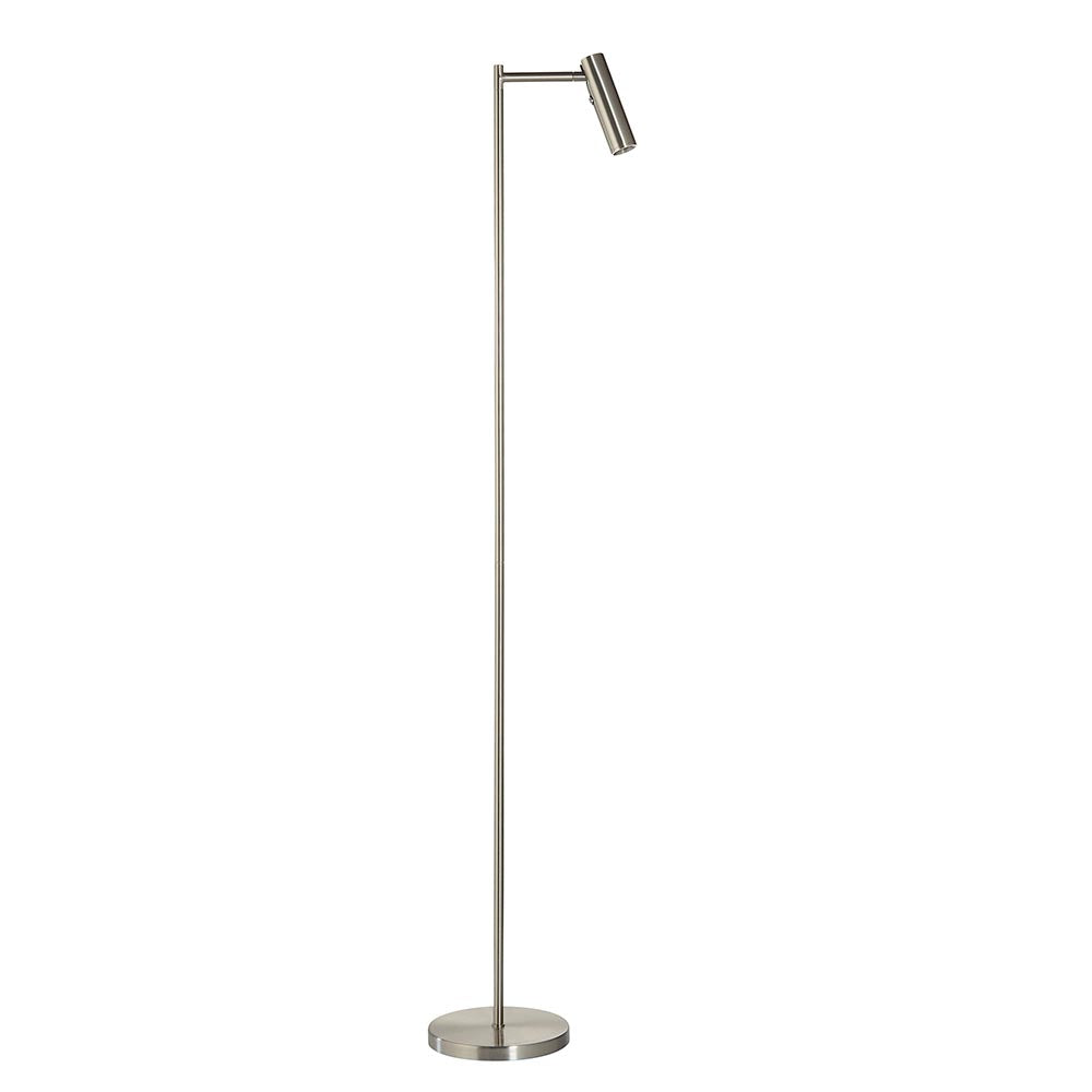 Endon Brackbourne modern LED reader floor lamp in satin nickel with adjustable cylindrical head, slim stem and round base, shown on a plain background.