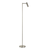 Endon Brackbourne modern LED reader floor lamp in satin nickel with adjustable cylindrical head, slim stem and round base, shown on a plain background.