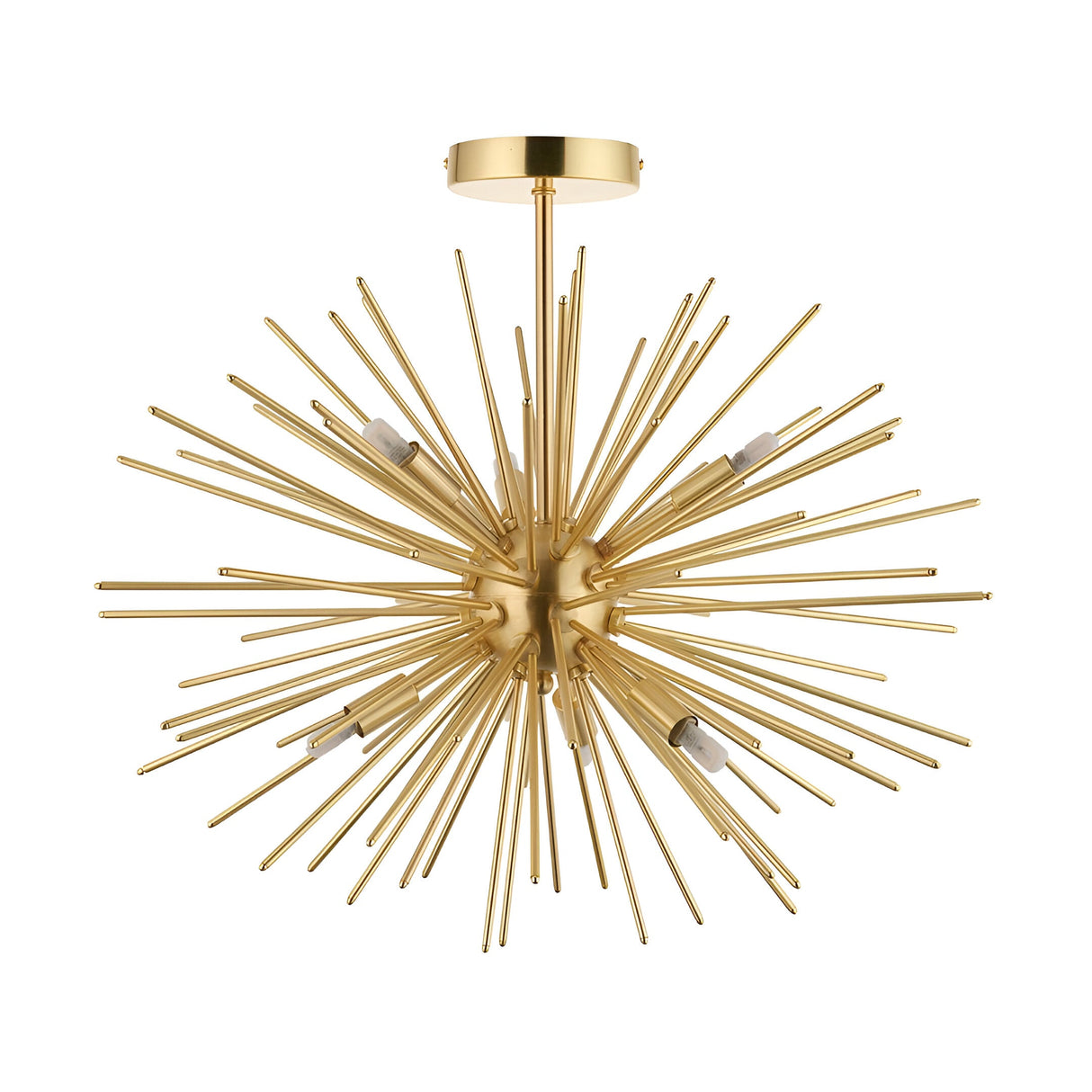 Endon Merrick 6 light semi-flush ceiling light with warm brass sputnik-style spiked orb and G9 lamp holders, shown on a plain white background.
