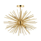 Endon Merrick 6 light semi-flush ceiling light with warm brass sputnik-style spiked orb and G9 lamp holders, shown on a plain white background.