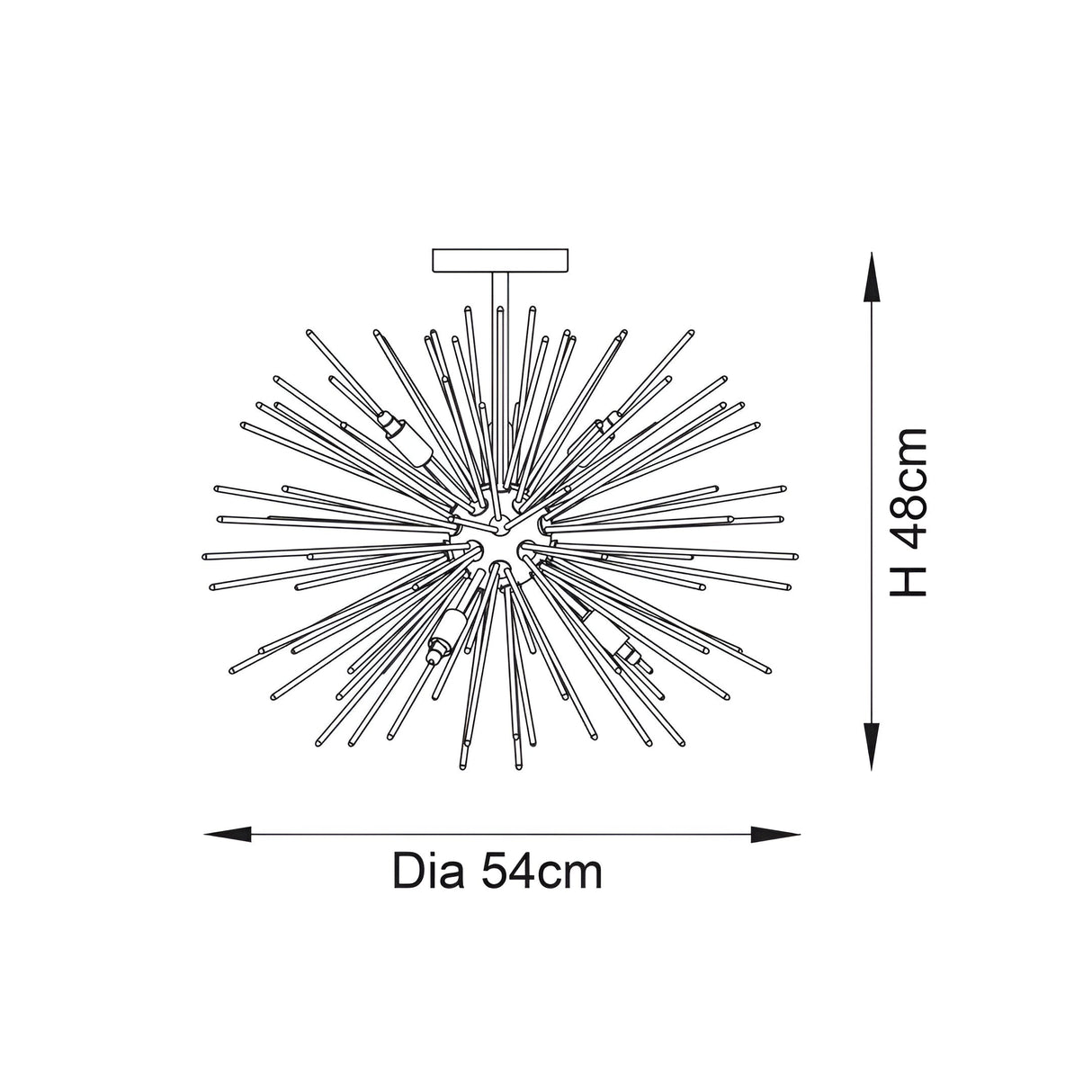 Dimensions diagram of the Endon Merrick 6 Light Semi-Flush Ceiling Light in brass, showing a 54cm diameter sputnik-style fitting with 48cm height.