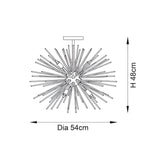 Dimensions diagram of the Endon Merrick 6 Light Semi-Flush Ceiling Light in brass, showing a 54cm diameter sputnik-style fitting with 48cm height.