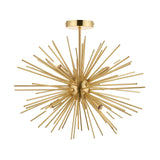 Endon Merrick 6 light semi-flush ceiling light with brass sputnik-style spiked orb and slim ceiling stem, shown on a plain white background.
