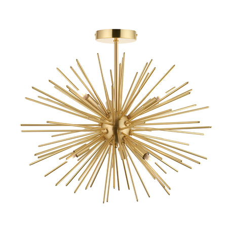 Endon Merrick 6 light semi-flush ceiling light with brass sputnik-style spiked orb and slim ceiling stem, shown on a plain white background.
