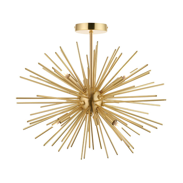 Endon Merrick 6 light semi-flush ceiling light with brass sputnik-style spiked orb and slim ceiling stem, shown on a plain white background.