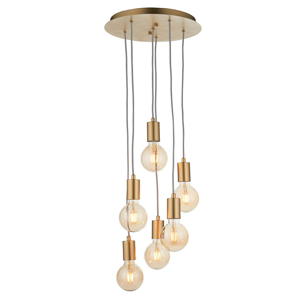 Marlowe 6 Light Pendant in gold, featuring a round ceiling plate with six staggered flexes and amber glass globe bulbs, shown on a plain white background.