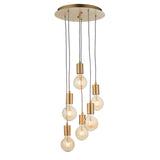Marlowe 6 Light Pendant in gold, featuring a round ceiling plate with six staggered flexes and amber glass globe bulbs, shown on a plain white background.