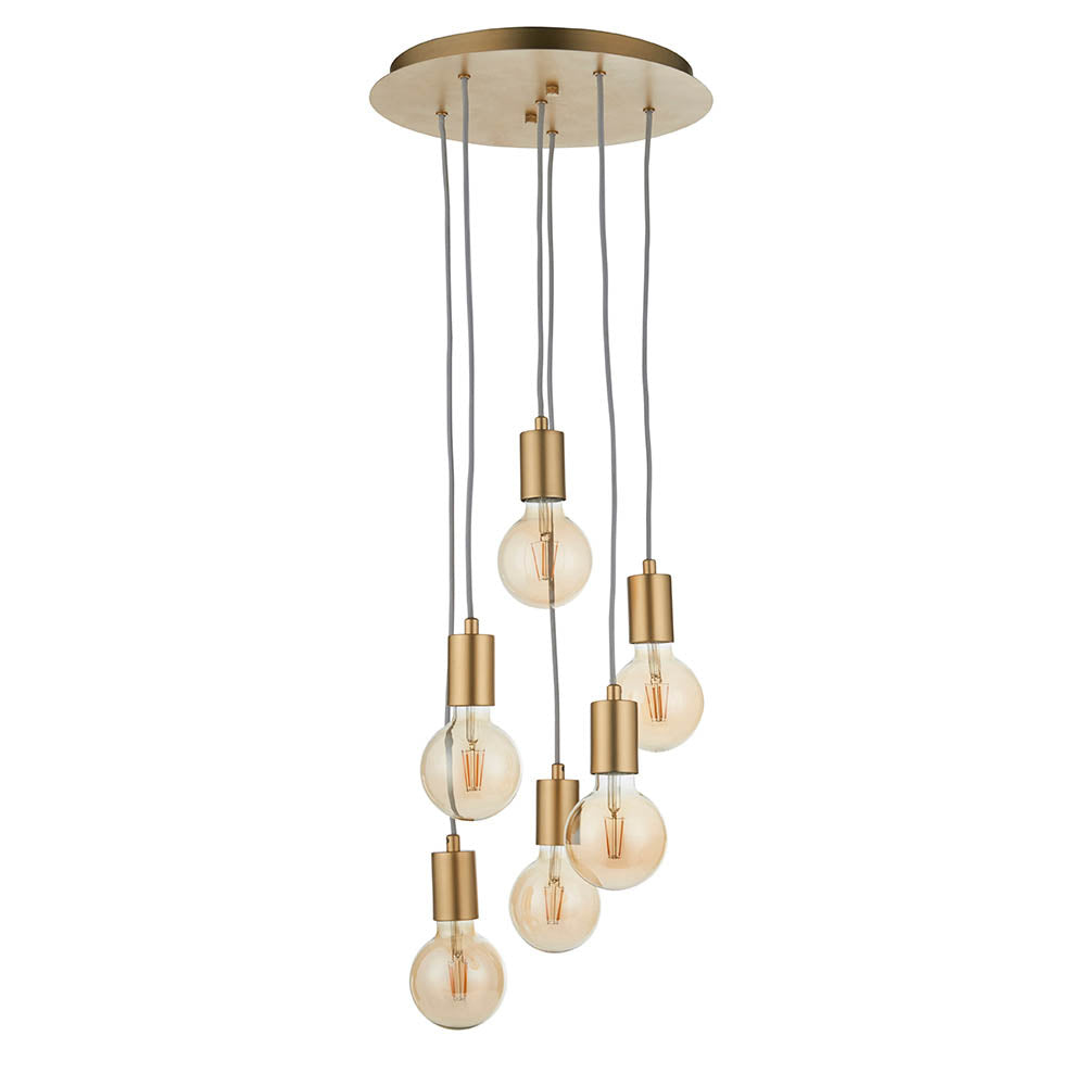 Marlowe 6 Light Pendant in gold, with round ceiling plate, staggered grey flex cables and exposed amber glass globe bulbs, shown on a white background.