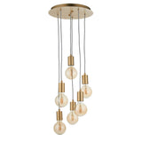 Marlowe 6 Light Pendant in gold, with round ceiling plate, staggered grey flex cables and exposed amber glass globe bulbs, shown on a white background.