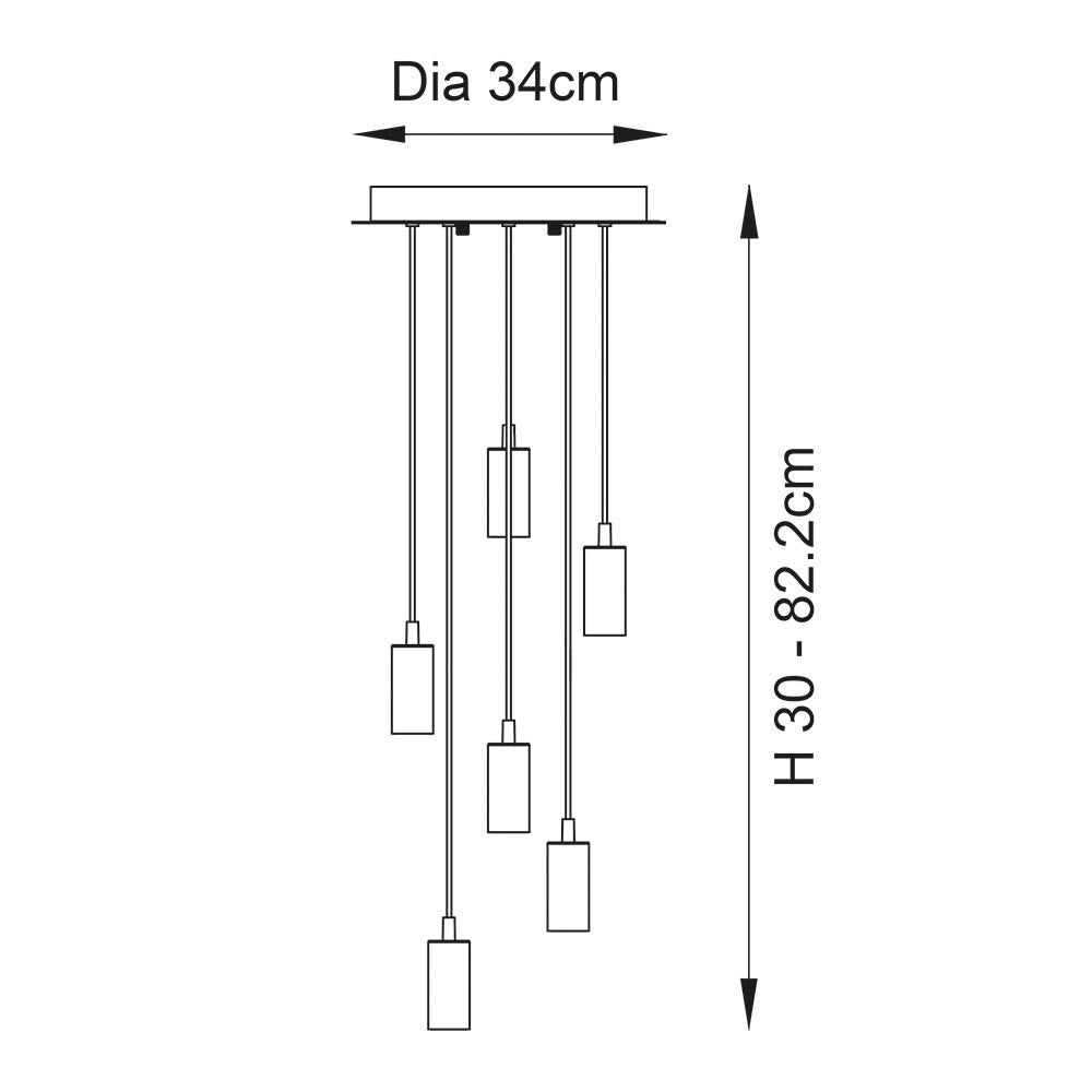Technical line drawing of the Marlowe 6 Light Pendant in gold, showing a 34cm round ceiling plate with five cables at staggered drops, total height 30-82.2cm.