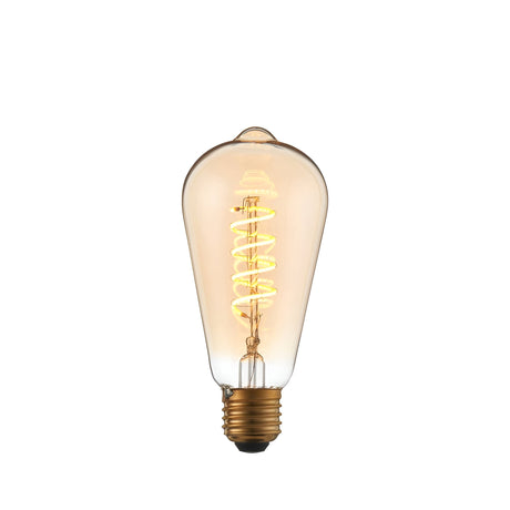 Endon 4W E27 LED filament twist bulb with pear-shaped amber tinted glass and visible spiral filament glowing warm white, shown on a plain white background.