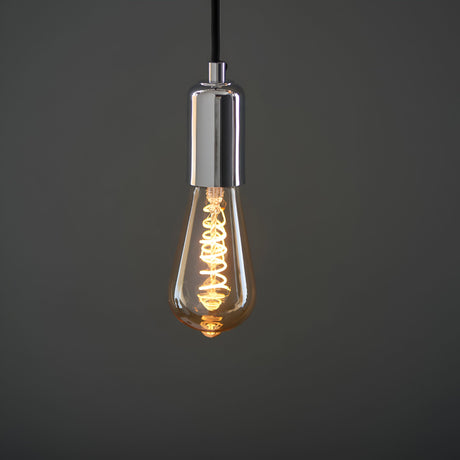 Endon 4W E27 LED filament twist bulb with amber tinted teardrop glass and spiral filament, suspended from a chrome lamp holder on a black flex.