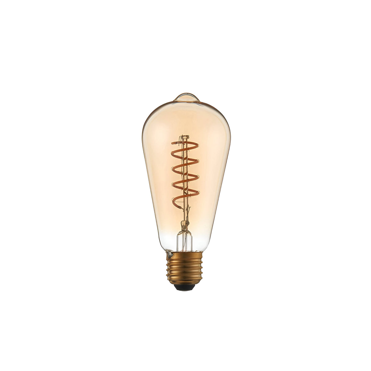 Endon 4W E27 LED filament twist bulb with amber tinted pear-shaped glass, spiral filament, and brass screw cap, shown on a plain white background.