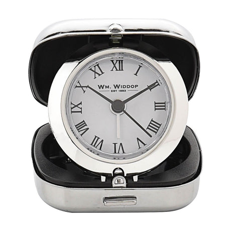 Fold up plastic alarm clock in a square silver case with black interior lining, open to show a round white Roman numeral dial, on a plain white background.