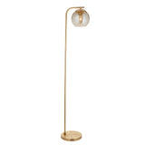 Endon Draycott floor lamp with a champagne dimpled glass globe shade on a tall brushed brass arched stand and round base, on a white background.