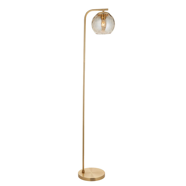 Endon Draycott floor lamp with a champagne dimpled glass globe shade on a tall brushed brass arched stand and round base, on a white background.