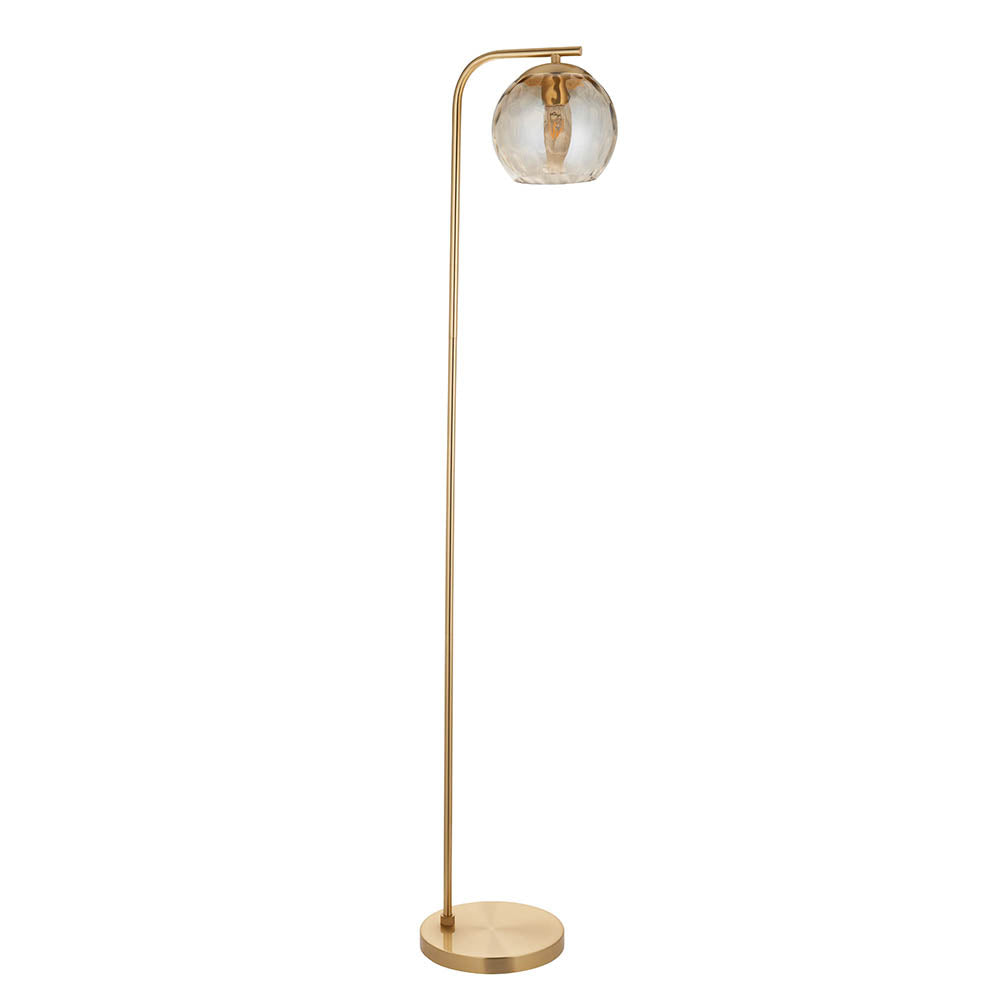 Endon Draycott floor lamp with a champagne dimpled glass globe shade on a tall brushed brass arched stand and round base, on a white background.