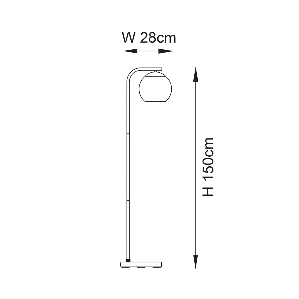Dimensioned line drawing of the Endon Draycott floor lamp showing 150cm height and 28cm width on a plain white background.
