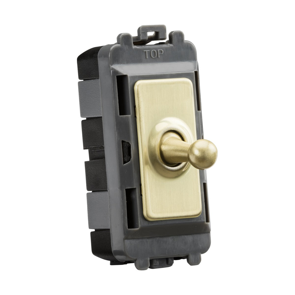 A 20AX 1 Gang 2-Way SP Grid Toggle Switch with a brushed brass metal lever is mounted vertically on the black and gray rectangular plastic base of a Knightsbridge Grid system. Crafted from premium grade steel, it features a gold toggle switch labeled with "TOP" at the upper edge.