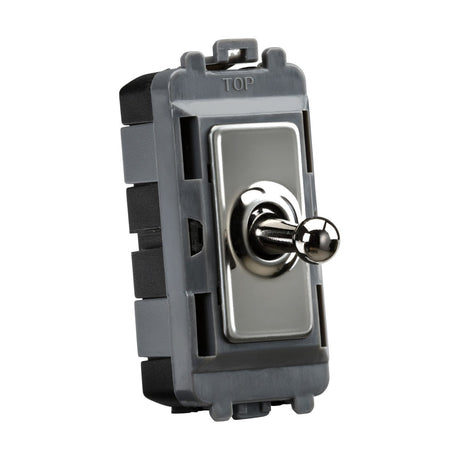 The 20AX 1 Gang 2-Way SP Grid Toggle Switch in Black Nickel features a high-quality metallic toggle crafted from premium-grade steel, mounted on a rectangular base. The switch is shown in the upright position, ideal for panel mounting in electrical or electronic equipment. The base is labeled to indicate the top side.