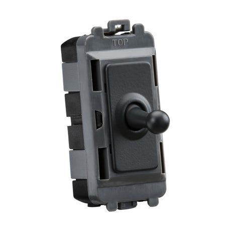 The 20AX 1 Gang 2-Way SP Grid Toggle Switch in anthracite features a design that integrates effortlessly into the Knightsbridge Grid system. It is mounted on a rectangular base, with the switch labeled "TOP" positioned upwards. Its bracket-like configuration ensures easy installation, making it ideal for single pole applications requiring a 20AX standard.