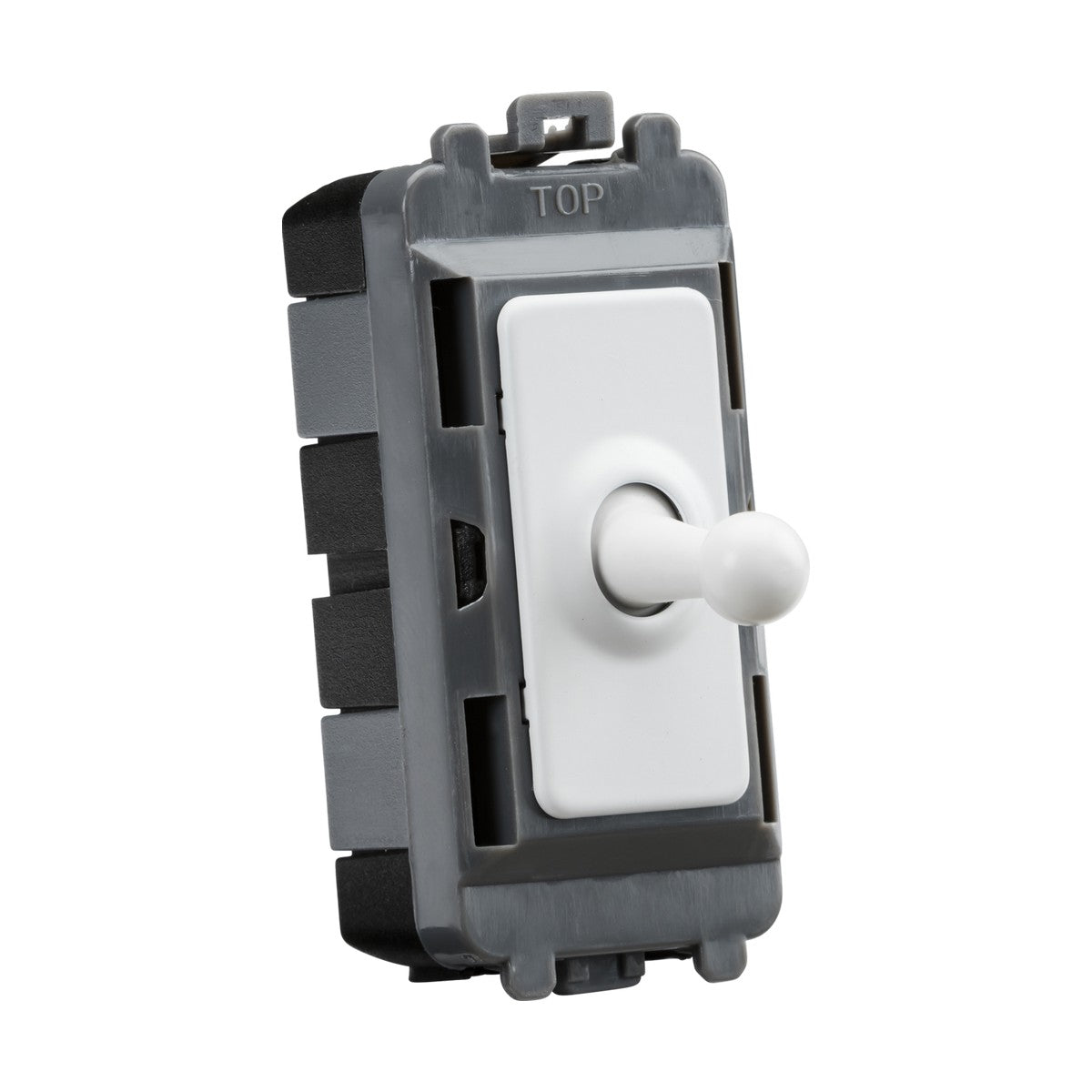 A gray and white toggle light switch, crafted from premium-grade steel, slightly faces to the left with the lever in the center position. The top of this elegant 20AX 1 Gang 2-Way SP Grid Toggle Switch - Matt White is labeled TOP and is encased within a sleek rectangular frame.