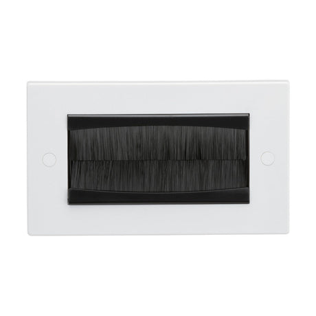 The 2 Gang Brush Faceplate (Assembled) is a rectangular white wall plate featuring a central black opening filled with brush bristles, providing seamless cable management. It's perfect for wall installations behind a floating TV, ensuring that cables pass through cleanly and remain organized.