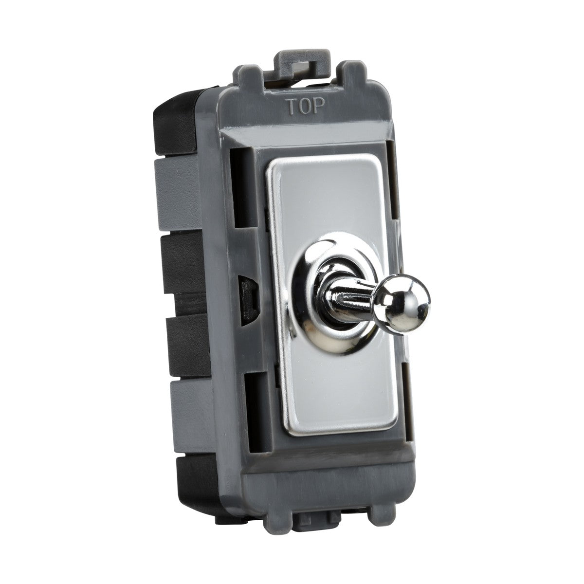 A close-up of the 20AX Intermediate Grid Toggle Switch - Polished Chrome, part of the Knightsbridge Grid system, is mounted on a rectangular gray plastic base. The switch stands vertically with a polished chrome finish and is labeled TOP at the top edge. Its sleek black sides accentuate the surrounding frame.