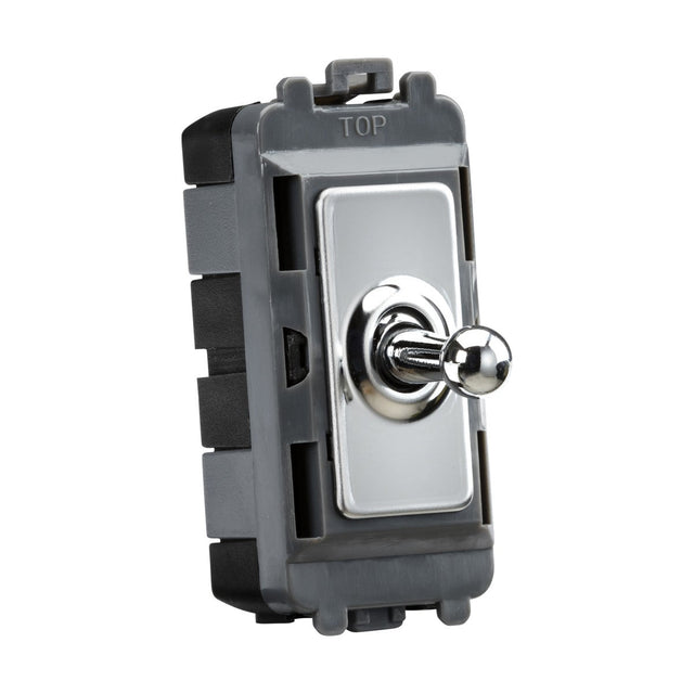 A close-up of the 20AX Intermediate Grid Toggle Switch - Polished Chrome, part of the Knightsbridge Grid system, is mounted on a rectangular gray plastic base. The switch stands vertically with a polished chrome finish and is labeled TOP at the top edge. Its sleek black sides accentuate the surrounding frame.