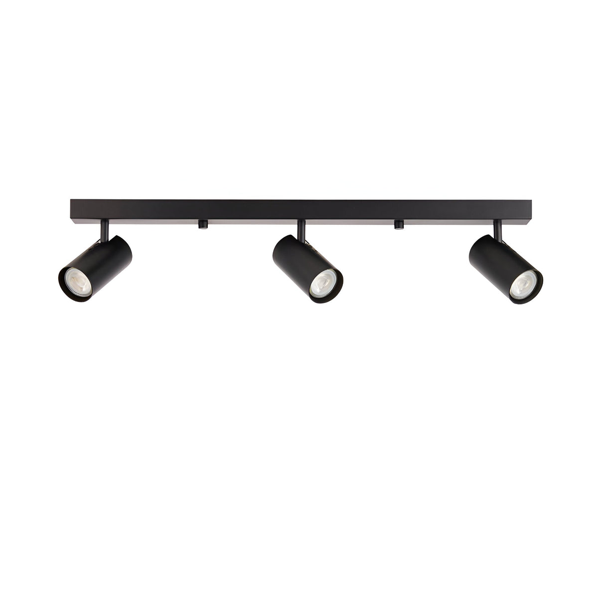 Calder 3 Light Spotlight Plate in matt black, metal bar with three adjustable cylindrical heads for GU10 bulbs, shown on a plain white background.