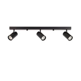Calder 3 Light Spotlight Plate in matt black, metal bar with three adjustable cylindrical heads for GU10 bulbs, shown on a plain white background.