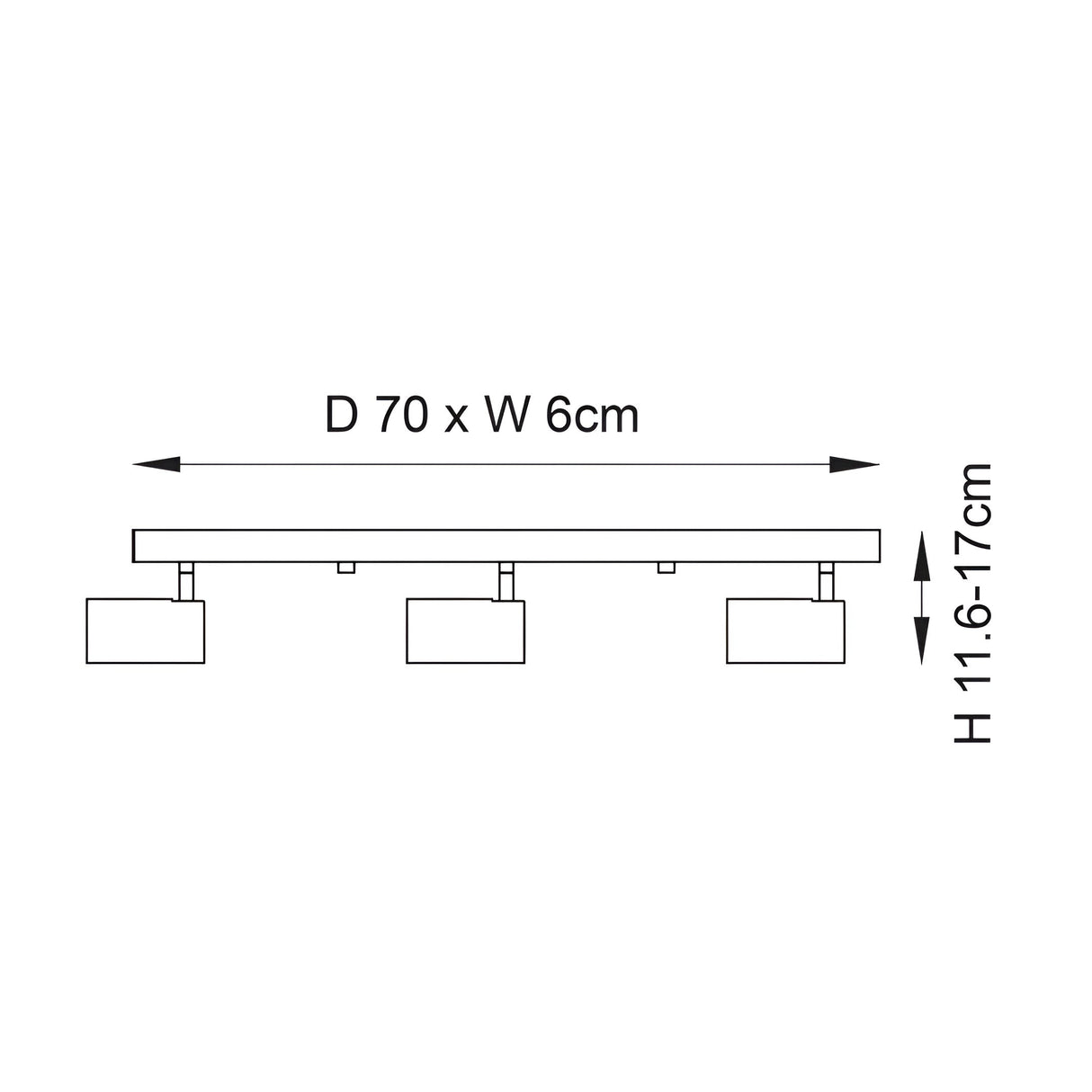 Calder 3 Light Spotlight Plate in matt black metal, technical line drawing showing three adjustable heads on a 70cm bar, height 11.6-17cm, GU10 fitting.