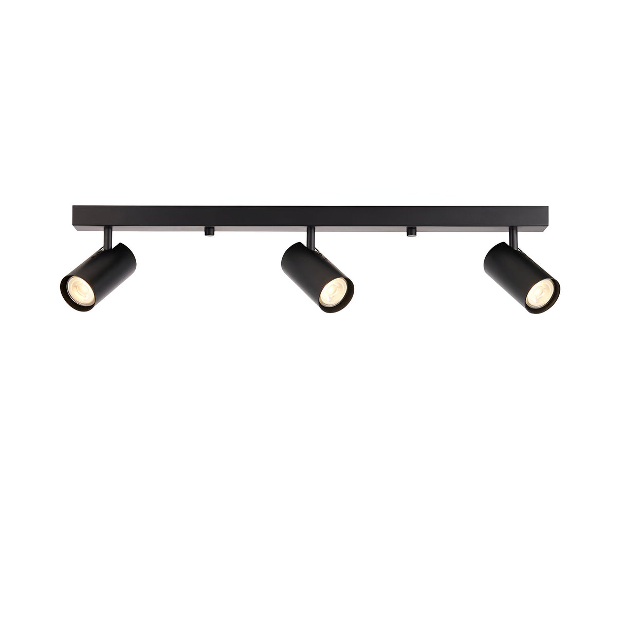 Calder 3 Light Spotlight Plate in matt black metal, three adjustable cylindrical heads on a straight bar, GU10 fitting, shown on a plain white background.