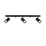 Calder 3 Light Spotlight Plate in matt black metal, three adjustable cylindrical heads on a straight bar, GU10 fitting, shown on a plain white background.