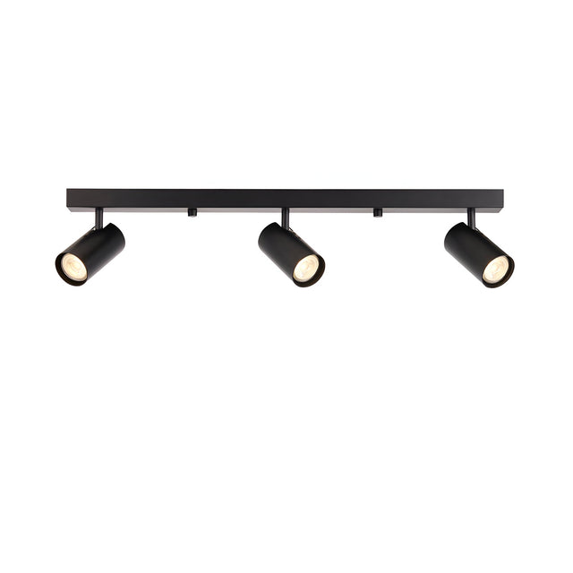 Calder 3 Light Spotlight Plate in matt black metal, three adjustable cylindrical heads on a straight bar, GU10 fitting, shown on a plain white background.