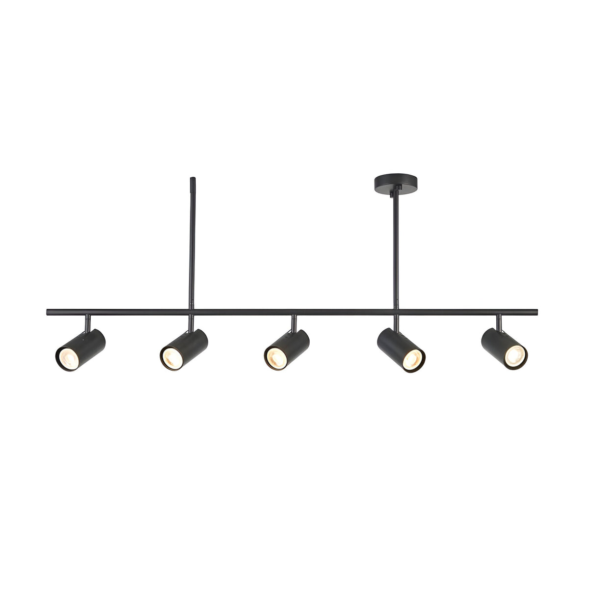 Calder 5 Light Spotlight Bar in matt black metal, with five adjustable cylindrical heads on a slim ceiling bar, shown on a plain white background.