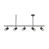 Calder 5 Light Spotlight Bar in matt black metal, with five adjustable cylindrical heads on a slim ceiling bar, shown on a plain white background.