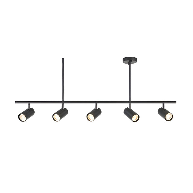 Calder 5 Light Spotlight Bar in matt black metal, with five adjustable cylindrical heads on a slim ceiling bar, shown on a plain white background.