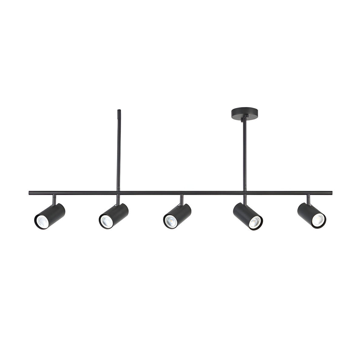 Calder 5 Light Spotlight Bar in matt black metal, with five adjustable cylindrical heads on a slim ceiling bar, shown on a plain white background.