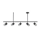 Calder 5 Light Spotlight Bar in matt black metal, with five adjustable cylindrical heads on a slim ceiling bar, shown on a plain white background.